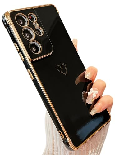 ZTOFERA Handyhülle Kompatibel mit Samsung Galaxy S21 Ultra 5G Hülle für Mädchen Frauen, Flexibel Silikon Schutzhülle mit Liebe Herz Muster Goldener Rand Stoßfest Bumper Cover, Schwarz