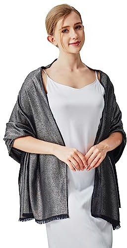 vimate Evening Shawls and Wraps, Soft Black Pashmina Shawl Wrap Scarf for Women Wedding (US-Black & Silver)