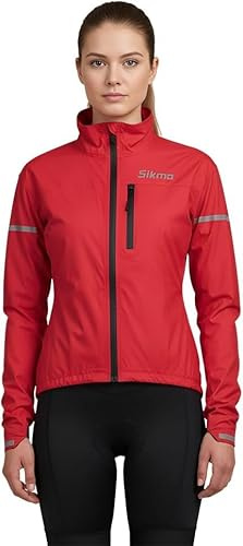Sikma WOMEN CYCLING JACKET LADIES RAIN COAT WATERPROOF WATER RESISTANT JACKET RUNNING CASUAL TOP OUTDOOR (Red,Medium)