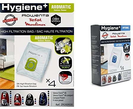 Rowenta Lot de 4 sacs aspirateur Hygiène+ Aromatic Fleur de cotton, Compatibles aves les aspirateurs traineaux & Lot de 4 sacs Hygiène+, Compatibles avec les aspirateurs traineau Compact Power