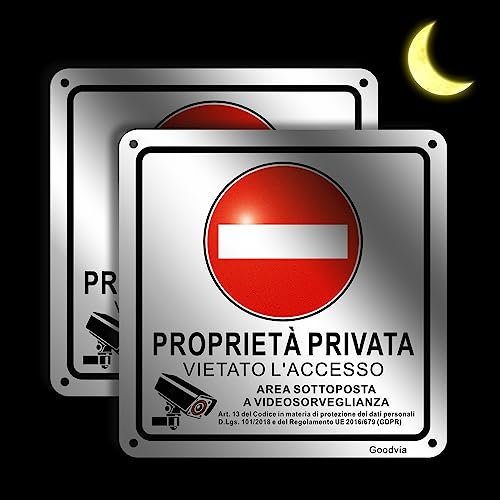 Cartello Proprietà Privata Metallo con Adesivo e Buchi 15x15cm Alluminio Area Sottoposta a Videosorveglianza per Sicurezza gdpr 2022 Vietato L'Accesso Proprietà Privata 2pz