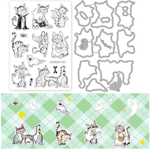 INFUNLY Halloween-Katze-Stanzform Und Stempel-Set Gruselige Katze Transparente Stempel Und Stanzformen Für Die Kartenherstellung Geistertier-Gummistempel Transparente Silikonstempel Für Bastelarbeiten