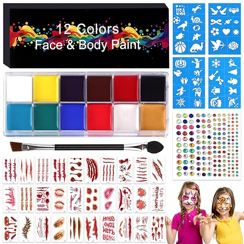 Lets Joy Pintura de Cara para Niños, Halloween Pintura Facial, 12 Colores Pintura Facial Pinturas Cara, 4 Plantillas 1 Pinceles, 30 Halloween Tatuajes Temporales, 1 Pegatinas de diamantes
