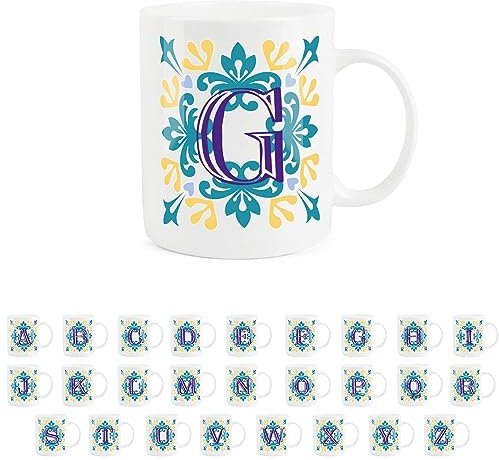 Purely Home Moroccan Tile Yellow & Blue Letter G Mug - White Initial Personalised Alphabet Tea Coffee Bone China Mug
