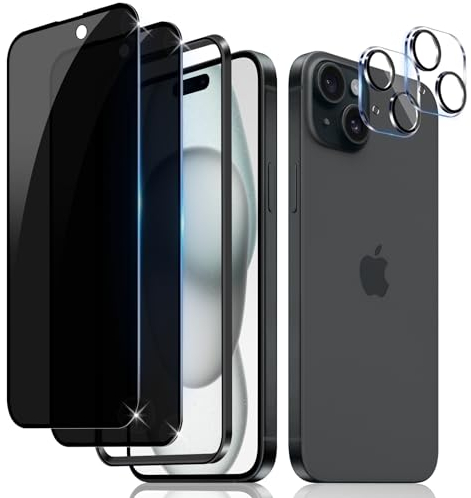 LiiLaa Sichtschutz für iPhone 15 für Panzerglas, [2+2 Stück] Sichtschutzfolie und Kamera Schutzfolie, 9H Härte Anti Spy Glas Privacy Kratzfest Folie
