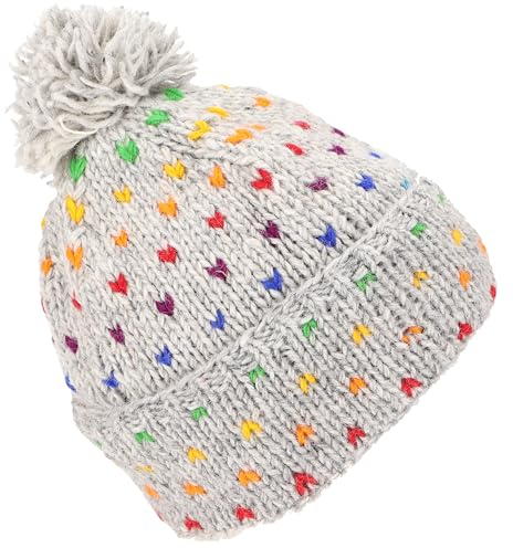 GURU SHOP Beanie Mütze, Bommelmütze aus Nepal, Bunte Wollmütze, Schurwolle, Herren/Damen, Grau/Regenbogen, Size:One Size