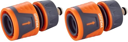 GRIFEMA GE1202 Garten Wasserstop 13 mm (1/2 zoll) und 15 mm (5/8 zoll), Steckverbinder mit Aquastop, mit Rutschfestem Gewindegriff, Kann Wasser Schnell Stoppen, Orange (Packung mit 2)