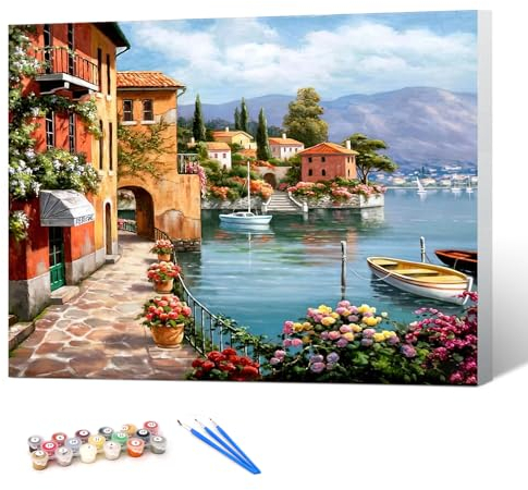 gelrovaled Malen Nach Zahlen Erwachsene, Handgemalt Ölgemälde Kit für Anfänger und Erwachsene Mit 3-Pinseln und Acrylfarbe, 30X40CM, mit Rahmen (Lake Sea Town)
