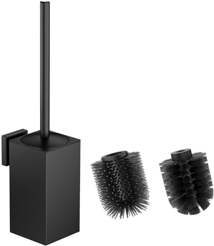 WAVEWO Klobürste mit Wandmontage , Silikon WC-Bürste und Halter, Quadratische WC-Bürste aus 304-Edelstahl Inklusive 2 Bürstenköpfe(Quadratische Schwarz)