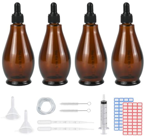 Reyshin 100ml Glass Dropper Bottles, 4 Pack Pear Shaped Amber Glass Bottle with Dropper Pipettes Refillable Sample Dropper Bottle for Essential Oil Massage Aromatherapy Eye Drops (Amber 100ml)