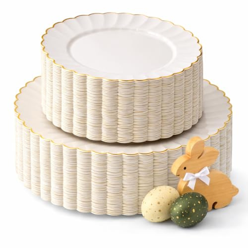 By Madee HEAVYWEIGHT 100 Pc Scalloped Ivory Gold Plastic Plates for Party | 50 Dinner & 50 Dessert Plates Disposable Heavy Duty | Elegant & Fancy for Wedding, Baby Shower, Bridal Shower 50 Guests
