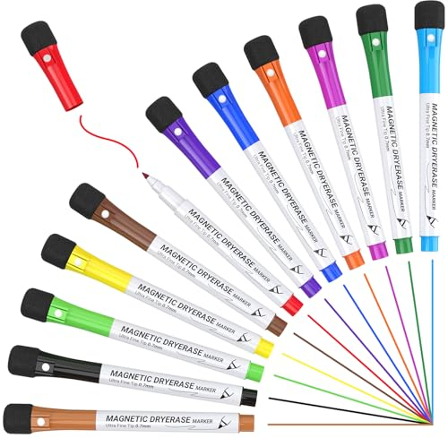 APOGO Whiteboard Pens Erasable Markers: 12 Magnetic Whiteboard Pens and Eraser Set, Fine Tip White Board Markers Erasable, Thin White Board Pens Colour, Dry Wipe Pens for Whiteboard