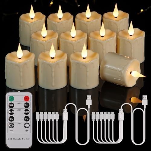 BOWKA Wiederaufladbare Kerzen Teelichter mit Fernbedienung 12 Stück Flammenlose Flackernde kerzen Teelich mit Timer Dimmbar für Weihnachten Party Hochzeit (3D Tröpfchen Warmweiß)