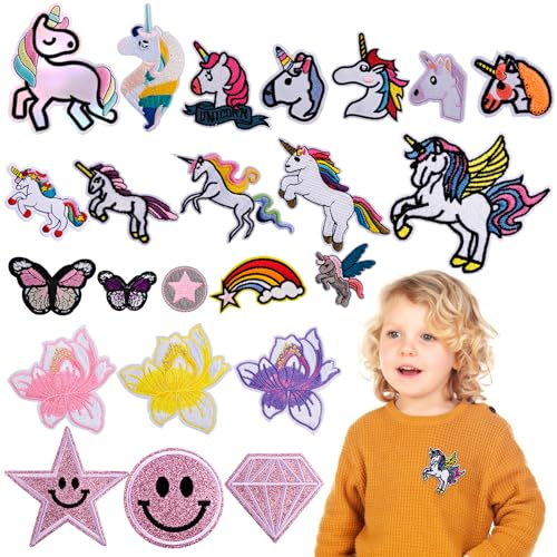 WuGU 23 Stück Flicken zum Aufbügeln Kinder, Aufbügelflicken Einhorn, Bügelbilder für textilien, Bügelbilder Kinder für Kleidung Jacken Rucksäcke Jeans Patches,Reparieren Sie Das Loch, DIY-Zubehör