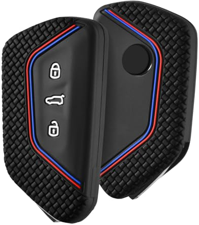 OATSBASF Autoschlüssel Hülle für VW, Schlüssel Hülle Kompatibel für Golf 8 Seat Leon MK 4 VW ID.3 Tarraco Ateca Skoda Octavia Cupra Silikon Cover Schlüsselhülle Etui Schutzhülle (Rote Blaue Linie)