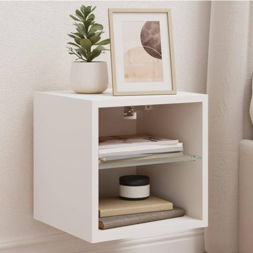 HETFTJN TV-Wandschrank, Fernsehschrank Holz Beistelltisch Tv Schrank Wohnzimmertisch Geeignet für Wohnzimmer Fernseher Schlafzimmer Kleine Räume mit LED-Leuchten Weiß 30x28,5x30 cm