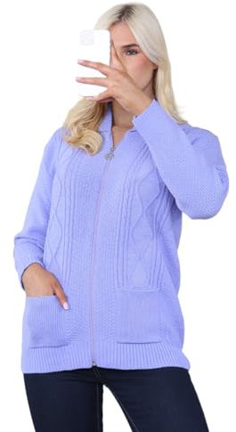 STAR FASHION Women's Cable Knit Zip Through Jumper Long Sleeve Cardigan Ladies Collared Neck Knitwear Zipper Cardigan 2 Pockets Pullover Lilac 16-18