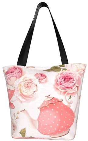 AABSTBFM Tea Cups With Roses Romantic Shabby Printed Large Tote Bag For Women Ladies Girls - Versatile Shoulder Bag, Shopper Handbag, And Beach Bag