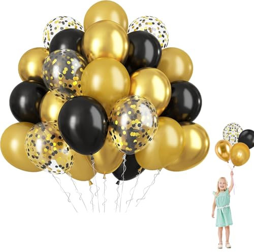 Black Gold Party Balloons,60Pcs 12Inch Thick Latex Balloons Set Metallic Golden Balloon Confetti Helium Balloon for Wedding Anniversary Graduation Kids Adult Birthday Party Decorations