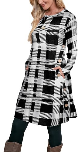 Aokosor Jumper Dress for Women Long Sleeve Dress Ladies Button Tunic Dress with Pockets Black White Plaid Size 10-12