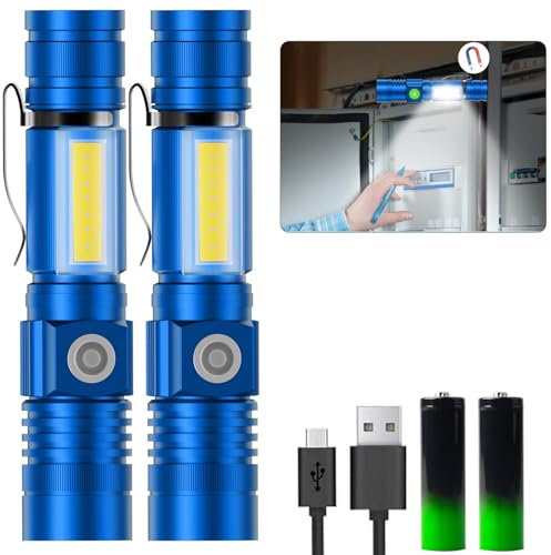 Karrong Taschenlampe LED Aufladbar mit Magnet COB Seitenlicht Zoombar, Extrem Hell 3000 Lumen USB Taschenlampen Batteriebetrieben Wasserdicht, 4 Modi für Outdoor Wandern Camping Notfall, Blau