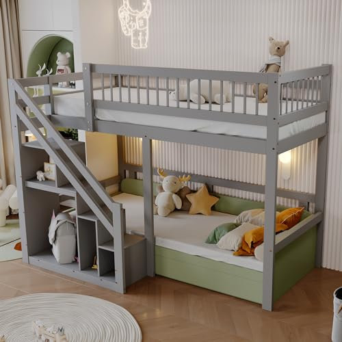 Dolamaní Hochbett Ablage Kinder 90x200 cm mit Treppe, Kinderbett mit Hohe Raufallschutzan Sicherheit, kinderhochbett Holz Kiefer, Großer Platz unter dem Bett, Grau