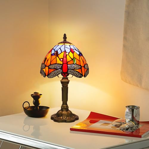 Mengjay Tiffany Style Tischlampe,Vintage Nachttischlampe Wohnzimmer Tischleuchte,Bunte Glas Lampenschirm,E27 Nachtlampe Leselampe,Schlafzimmer Deko Lampe,Jugendstil Tischlampe (A)