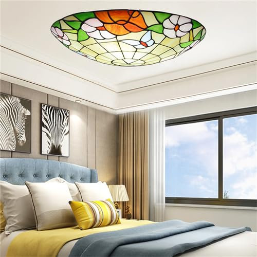 TZSMUM Retro Blumen Tiffany Stil Deckenleuchte Vintage Rund Kreative Handgefertigte Schlafzimmer Deckenlampe Für Wohnzimmer Balkon Flur Esszimmer Dekoration Decken Beleuchtung E27 Glühbirnen (50CM)