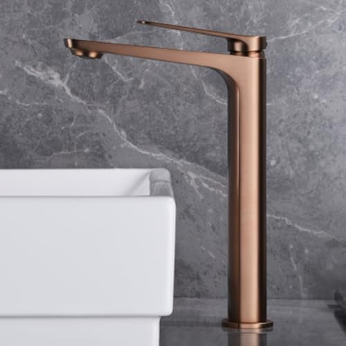 IMEX - Grifo Lavabo Caño Alto | Grifo Baño Mezclador Agua Fria y Caliente | Grifería Monomando Efeto Cascada con Caño de Latón y Ahorro de Agua | Serie Nápoles | Color Oro Rosa Cepillado