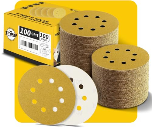 100PCS 125mm 8 Hole Sanding Discs Sandpaper, 100 Grit, Premium Gold Round Hook and Loop for Random Orbital Sander - Ideal for Wood, Metal, Automotive