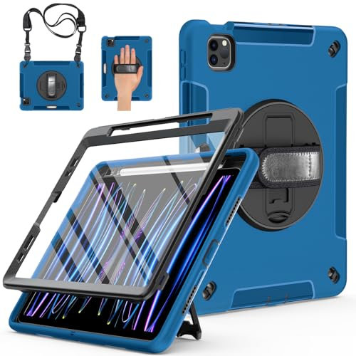 Miesherk Custodia per iPad Pro 11 4a/3a/2a/1a Generazione 2022/2021/2020/2018: Cover Protettiva Integrale di Grado Militare-Proteggi Schermo-Portapenne-Cavalletto Girevole-Tracolla da Mano/Spalla-Blu