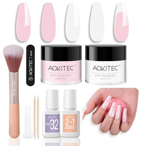 Aokitec Dipping Powder Nails Set - Rosa & Weiß Dip Powder mit 2-in-1 Dip-Base & Top Aktivator, Nageldesign Zubehör für DIY Nail Art, leicht zu tragen und zu verwenden, Nägel Selber Machen Set