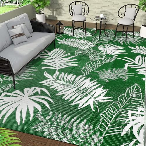 Falflor Large Outdoor Rug 270x365cm Plastic Picnic Blanket Outdoor Carpets for Patio Waterproof Reversible Garden Rug Large Floor Mat for RV Patio Beach Backyard Deck (Green)