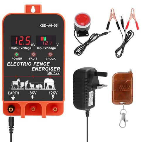 Fence Energiser, 4.7 Joules Output 3.1 Miles (12V-12KV), with Remote Control & Alarm, Easy Installation, Fence Protection of Livestock, Horses, Cattle Sheep, Keep Deter Predators