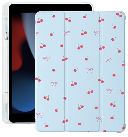 Süße Kawaii-Hülle mit Kirschschleife für iPad 7./8./9. Gen 2019/2020/2021, mit Stifthalter, Auto Schlaf-/Weckfunktion, Blauer Lederhülle und weicher TPU-Rückseite für iPad 10,2 Zoll (25,9 cm)