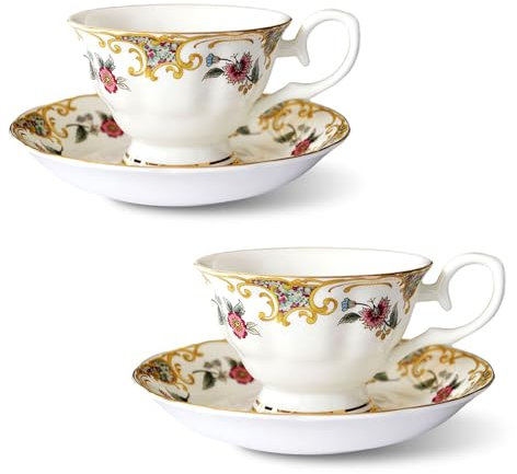 Tazza in porcellana 2 set di tazze da caffè con piattini da 200 ml, tazza da caffè floreale Bone Cina, tazza da tè pomeridiano regalo tazza (C)