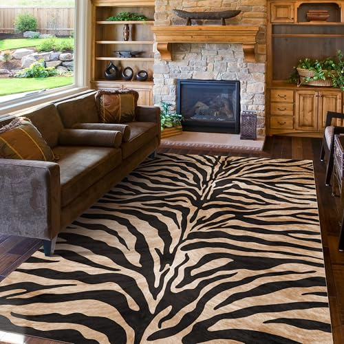 Teppich mit Zebramuster, braun, 1,5 x 2,1 m, Zebra-Teppiche für Wohnzimmer, Tierteppich, Tigerdruck, Schwarz und Gold
