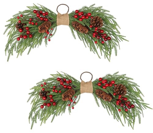 2er Set Künstliche Weihnachts-Swags mit Norfolk-Tanne, Roten Beeren & Zapfen, 60 cm Weihnachtsdeko für Tür, Kamin, Treppe, Fenster Weihnachten Dekoration