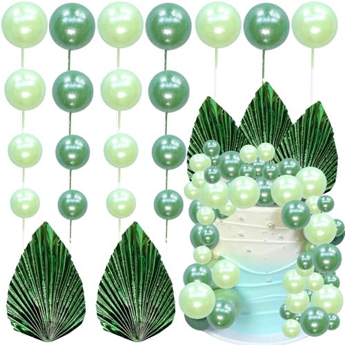 Ephlyn 28Pcs Paper Palm Fan Cake Topper Balls Cake Pick Wedding Bridal Shower DIY Cake Decorations for Baby Shower Wedding Birthday Anniversary Party Supplies Light Green