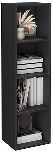 4 Tier Cube Bookcase, Wooden Storage Bookshelf, Shelving Display Unit, Tall Freestanding Open Book Shelf for Office, Living Room, Bedroom Furniture, Black H106 x W30 x D24 cm