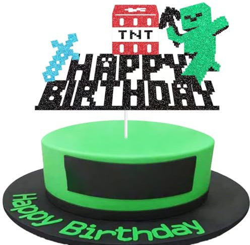 Happy Birthday Cake Topper - Glitter Pixel Miner Style Cake Picks Craft Decorations, Video Game Themed Cake Toppers for Kids Boy and Girl Birthday Party Supplies Decor