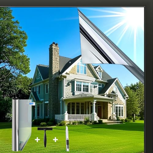 Evofensteere UV Folie Hitzeschutz 44.5x200cm Selbsthaftend Spiegelfolie Fenster Sichtschutz Rückstandslose Sonnenschutzfolie innen oder außen Thermofolie Fenster Gegen Hitze Silber