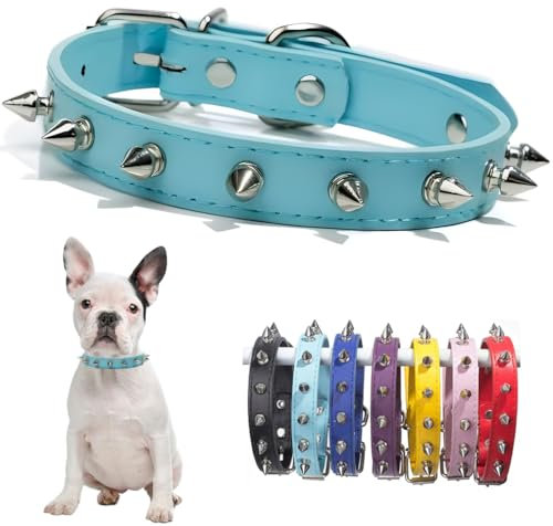 Collar de perro con pinchos de color azul claro para perros pequeños, de piel sintética, con remaches, collar para cachorros, collares con tachuelas, collares para gatitos y gatos, hebilla ajustable
