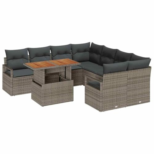 vidaXL 9-teiliges Garten-Sofaset mit Kissen in Grau aus Poly-Rattan – Modulare Möbel für draußen, ideal für die Terrasse oder den Balkon, Essbereich und als Lounge-Modul