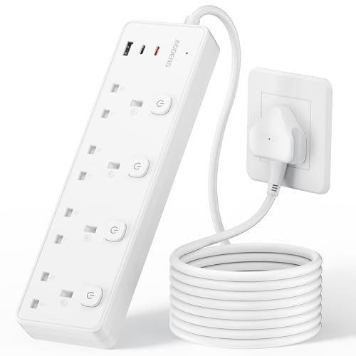 Extension Lead with 3 USB Slots(PD30W),4 Way Sockets Outlets Ports Extension Cable with 4 Individual Switches Surge Protected,Wall Mountable Extension Socket for Home,Office,School,5M,White