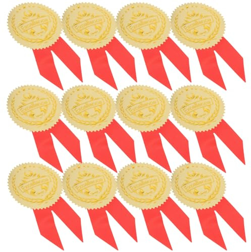 UPKOCH 36 Satz Teiliges Medaillen Aufkleber zur Belohnung Goldfarbene Geprägte Aluminiumfolie mit Rotem Wimpel Kreative Sport Abschluss auszeichnungssticker für Schule und Spiele