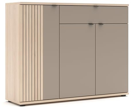 PISA Schuhschrank mit Schublade und 3 Türen Basalt Matt Riva Eiche | Modernes Schuhregal mit 7 Fachböden, 133 x 103 x 38 cm (B/H/T), FSC-zertifiziert, Front mit Leistenoptik