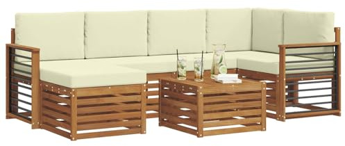 vidaXL Sofagarnituren 7 pcs Natur und Creme Massivholz Akazie, Gartenmöbel, modernes Sofa für draußen, modulare Loungemöbel, langlebige Terrassensitze und Komfort