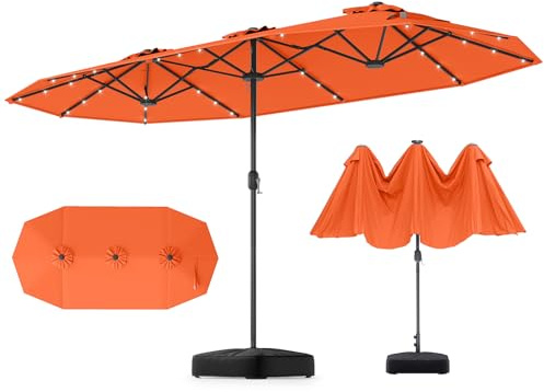 GOPLUS Grand Parasol de Jardin Exterieur avec Pied, 4M Parasol Rectangulaire Double Face pour 6 Personnes avec LED, Manivelle et Ventilation, pour Marché, Piscine, Terrasse, Balcon (Orange)