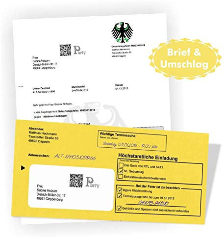 DAS ORIGINAL - 10 x Voll verrückte Einladung zum Geburtstag - Mahnung Mahnbrief Mahnbescheid Zustellung Förmlich - Wunschtext Briefe mit Umschlag (10 Stück)